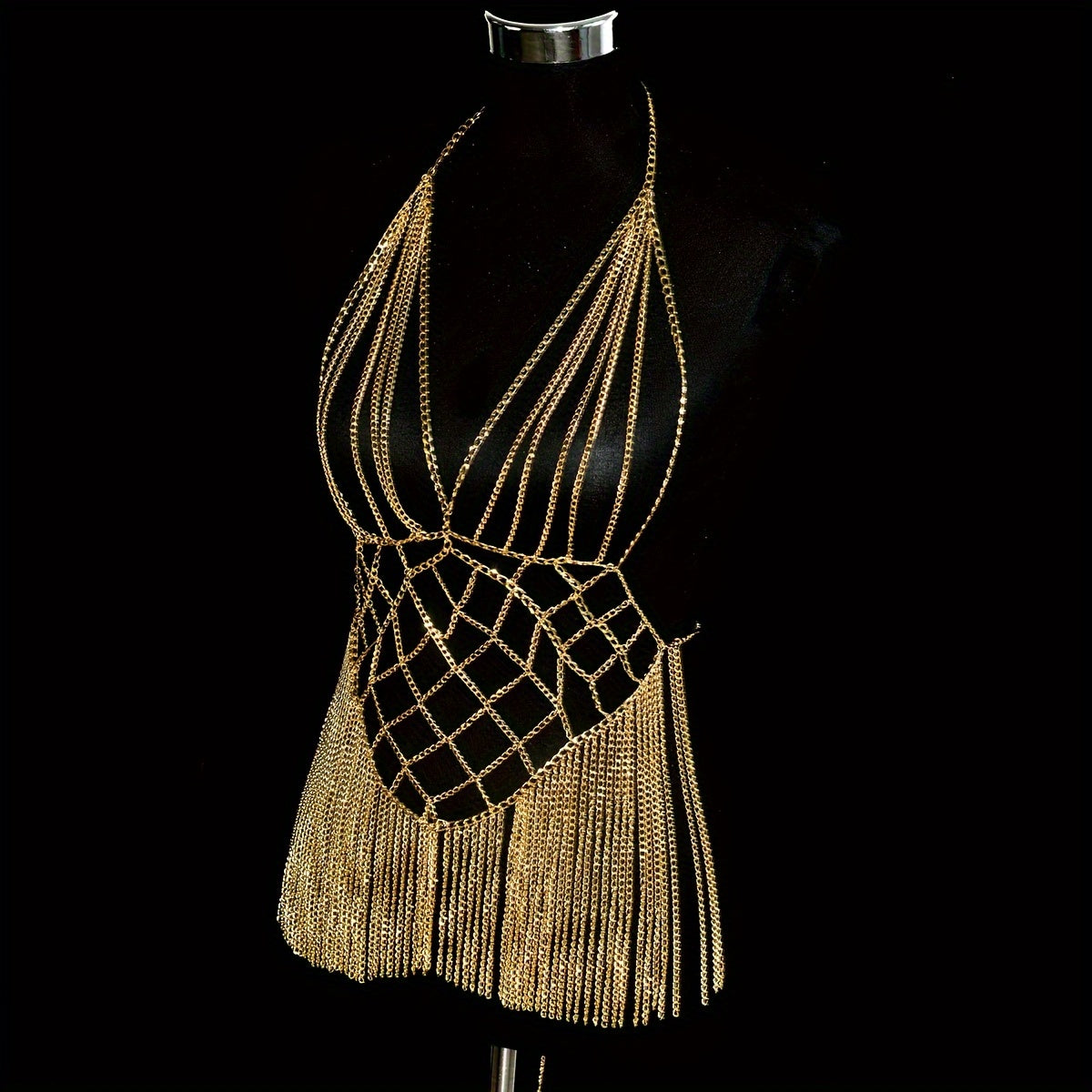 Elegant Golden-Tone Fringe Body Chain with Sparkling Bra Detail - Sexy Aluminum Alloy Party & Festival Accessory, Perfect for Nightclubs and Streetwear Fashion